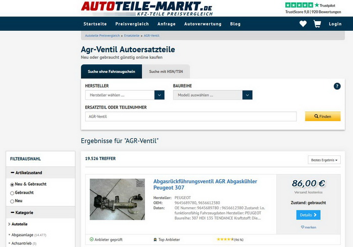Autoteilemarkt Abgasanlage AGR Ventil